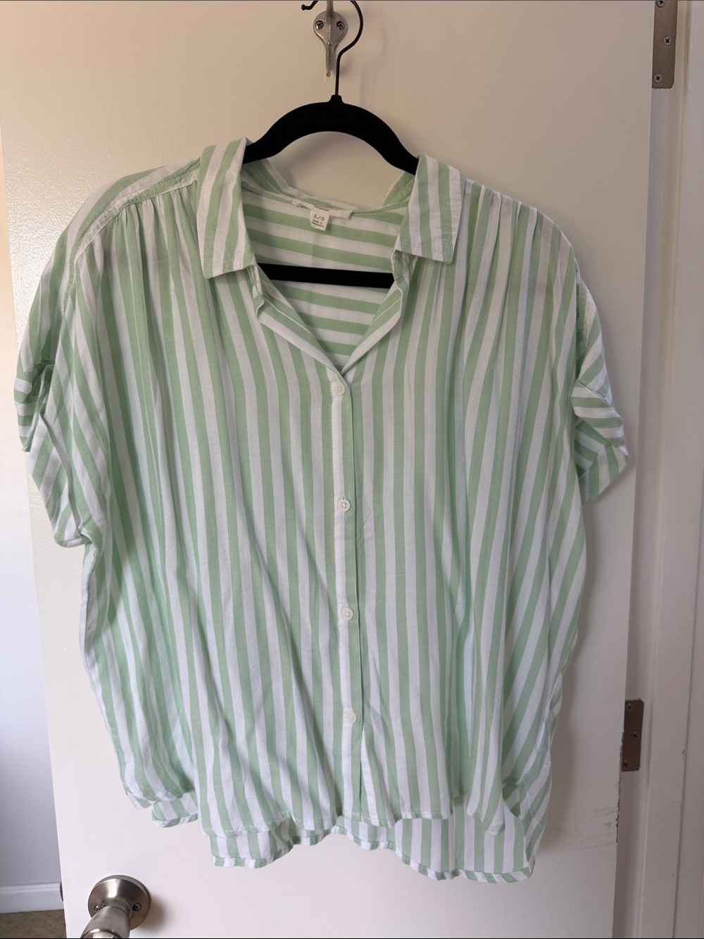 beachlunchlounge Mint Green and White Striped Button-Down Top